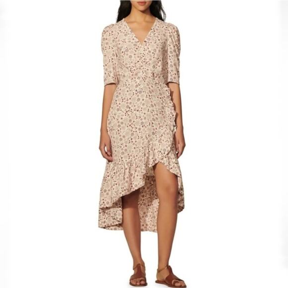 Sandro Paris Women's Trinidad Plein Soleil Faux Wrap Hi Lo Midi Dress Size 8 - Picture 14 of 14